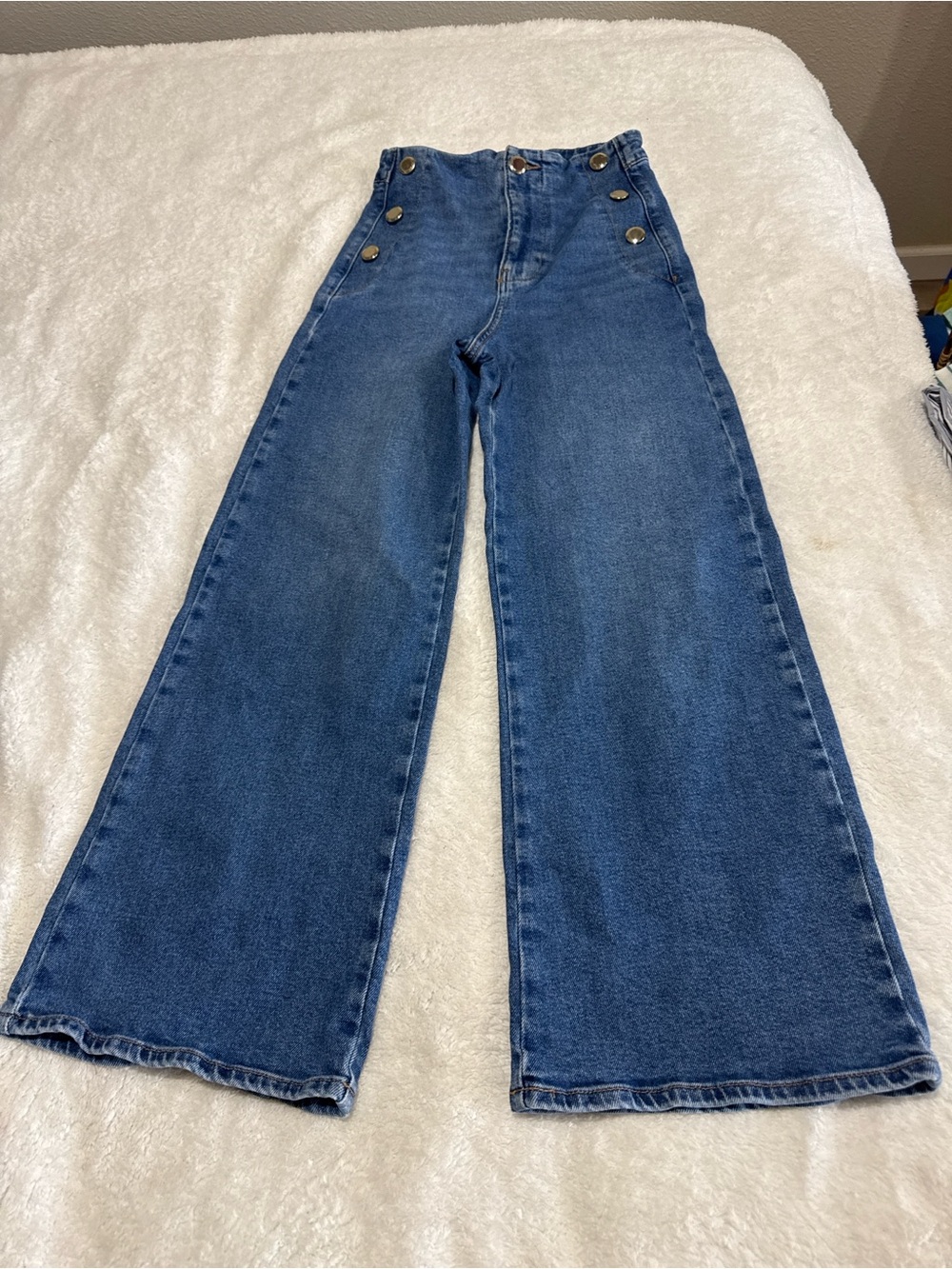 Zara Dark Blue High-Rise Wide Leg Jeans with Button Detail